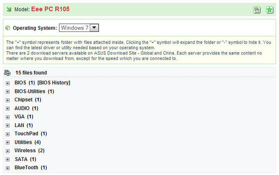 ASUS Eee PC R105 driver oldal screenshot