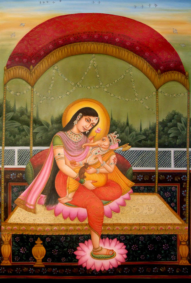 baby ganesha in the lap of mother parvati os17