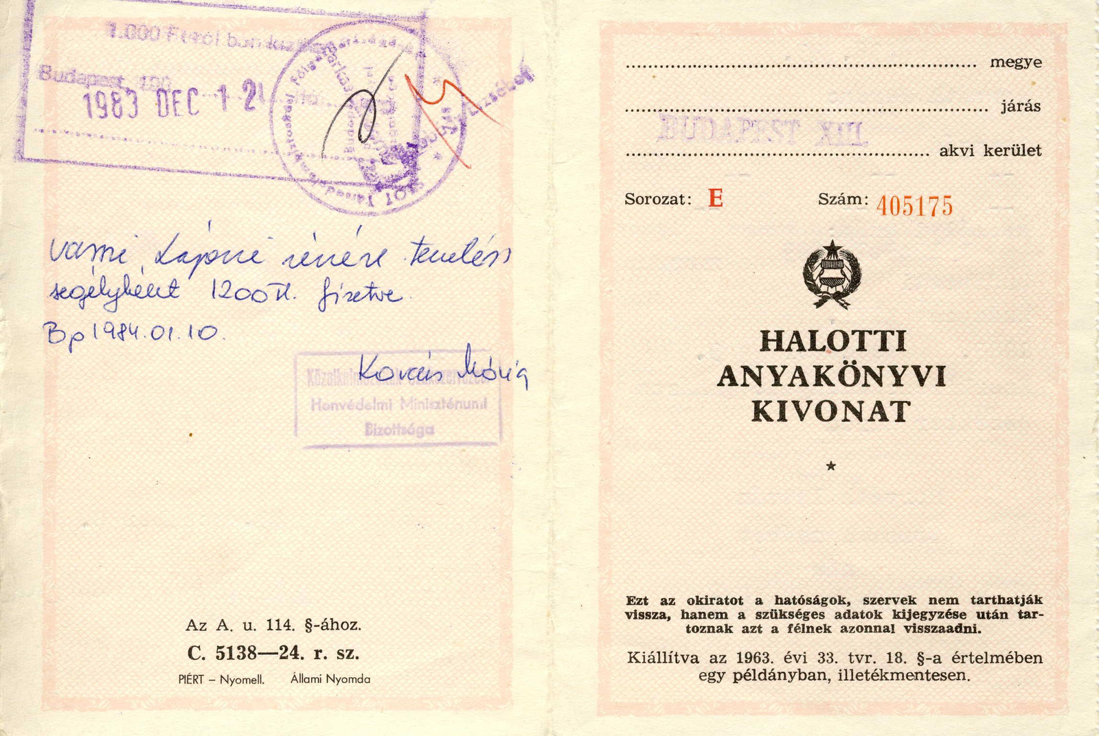 1983.12.12. HF. halotti anyakönyvi kivonata