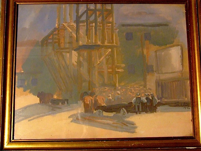 Kartonolaj, hídépítők. Festő Tóth B. László 1940. Méret 38×48cm